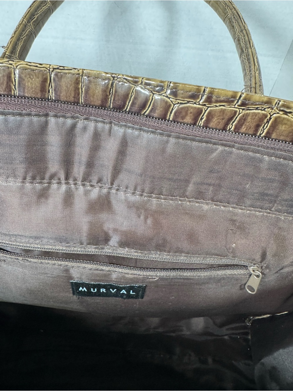 Murval Croc-Embossed Brown Patent Top-Handle Tote Laptop Bag - Picture 8 of 13